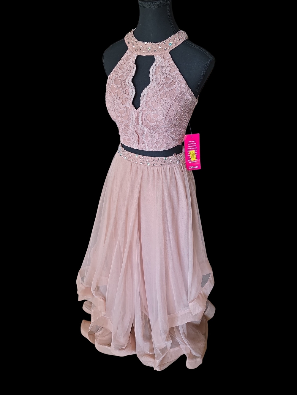 Blush Pink Lace Halter Prom Dress with Beaded Waist